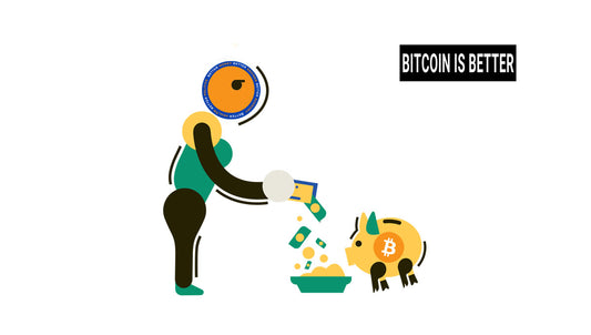 man feeding bitcoin piggy bank his dollars